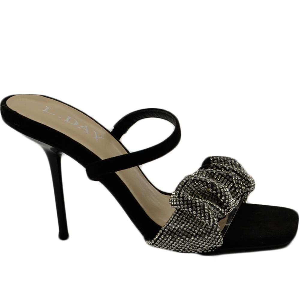 Sandalo gioiello nero donna tacco 10 fascia arricciata di strass luccicanti cerimonia evento cinturino frontale.