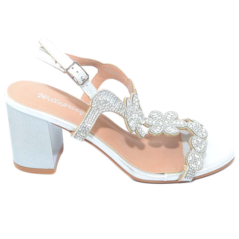 SANDALO DONNA GIOIELLO ARGENTO COMFORT CON STRASS E TACCO DOPPIO 5 CM CINTURINO ALLA CAVIGLIA OPEN TOE TALLONE SCOPERTO