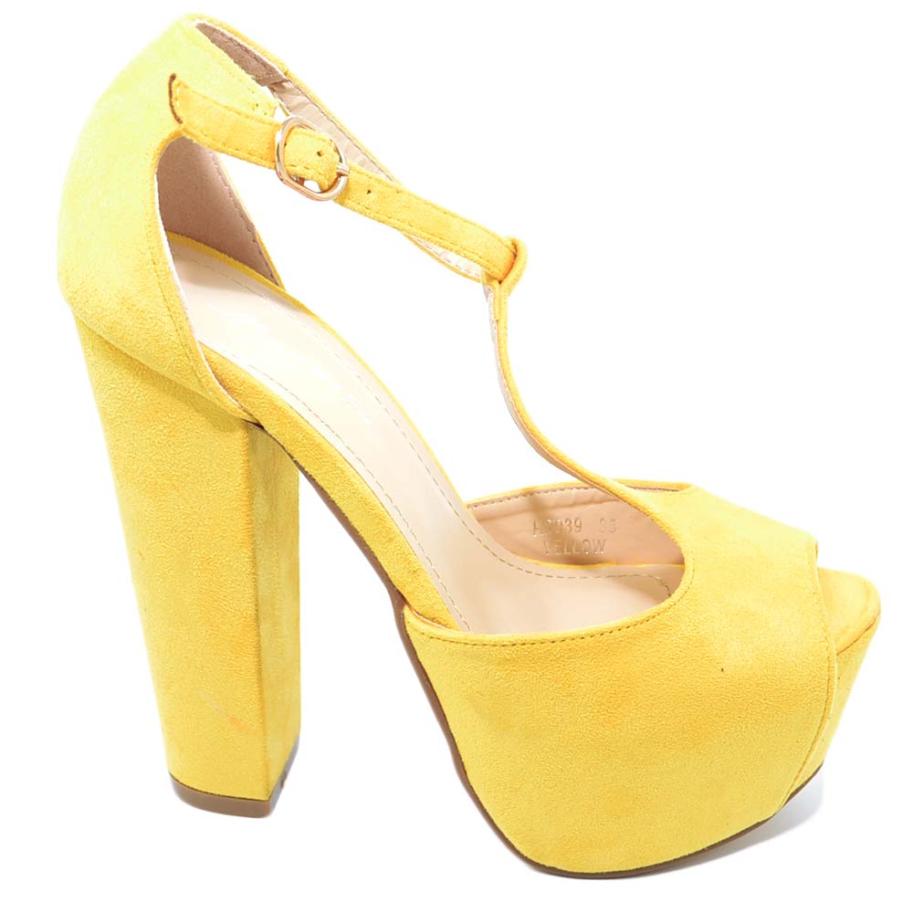 Sandalo donna giallo in camoscio cinturino alla caviglia spuntato con  plateau e tacco largo 15 cerimonia moda comfort donna sandali tacco Malu  Shoes | MaluShoes