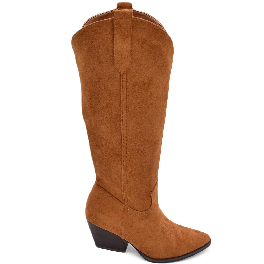 Stivali texani camperos donna lisci in camoscio cuoio al ginocchio con tacco legno 5 cm western moda zip