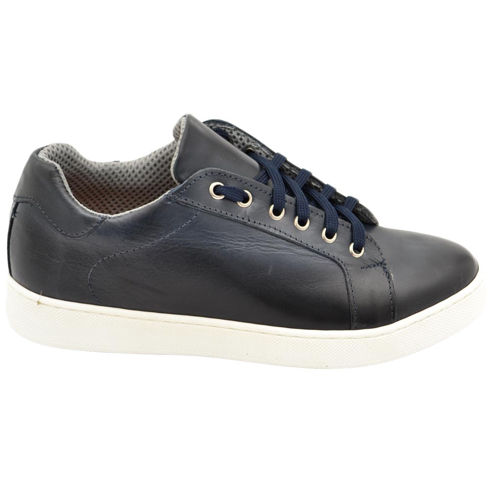 Scarpe sneakers basse uomo blu in vera pelle fondo gomma run extra bianca moda streetwear made in Italy