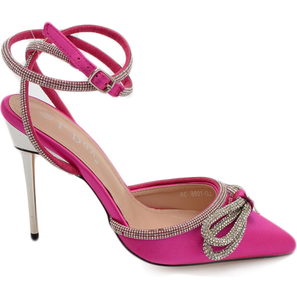 Decollete' donna gioiello elegante fiocco strass in raso fucsia con tacco a spillo 120 e cinturino scintillante moda