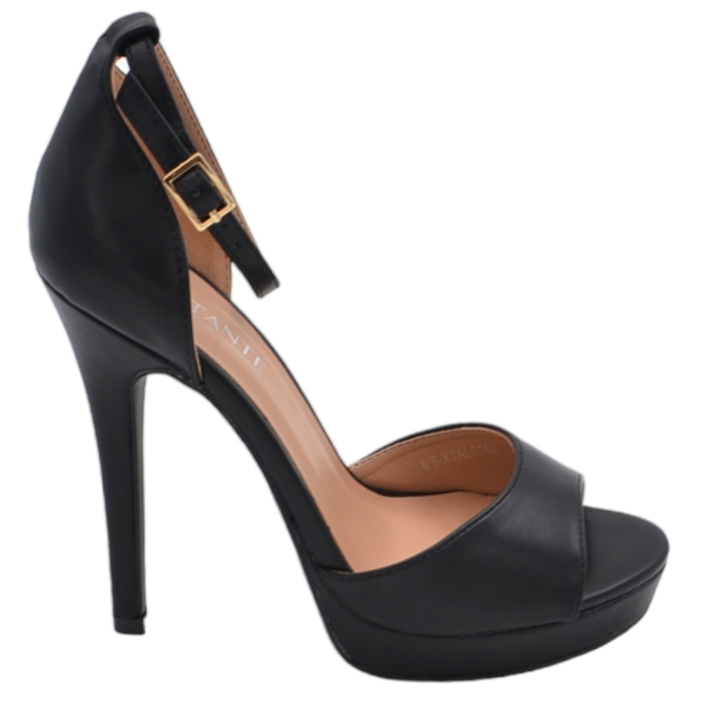 Sandali donna in pelle nero con tacco alto sottile 12 cm e plateau 3 cm cinturino alla caviglia e fascia larga 