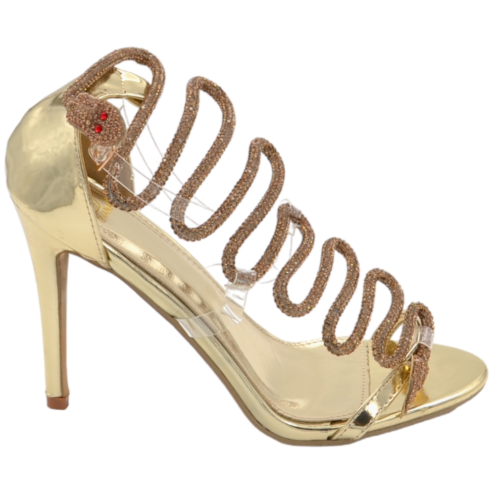 Sandali gioiello donna vernice oro accessorio serpente bronzo avvolgente cinturino trasparente alla caviglia tacco 12.