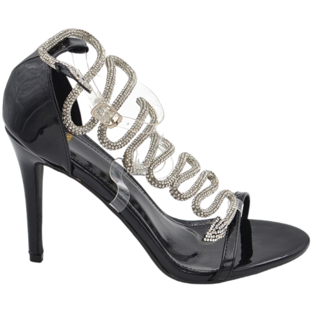 Sandali gioiello donna vernice nero accessorio serpente argento avvolgente cinturino trasparente alla caviglia tacco 12.