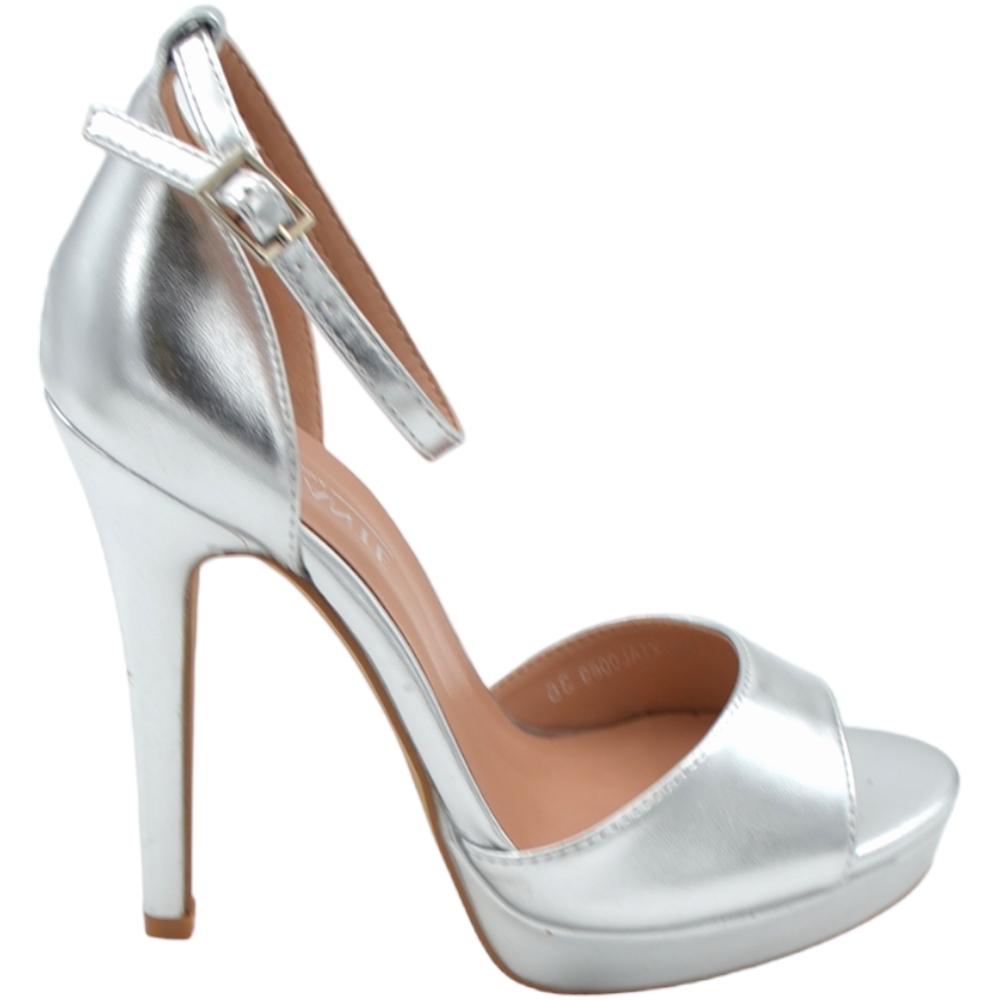 Sandali donna in pelle argento con tacco alto sottile 12 cm e plateau 3 cm cinturino alla caviglia e fascia larga 