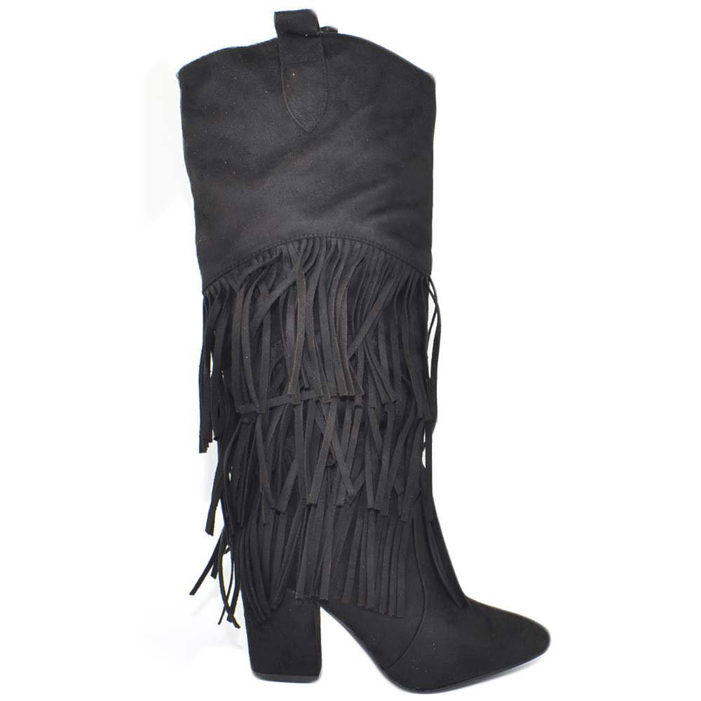 Stivali donna texani camperos in camoscio nero con frange lunghe e tacco western altezza ginocchio moda glamour luxury.