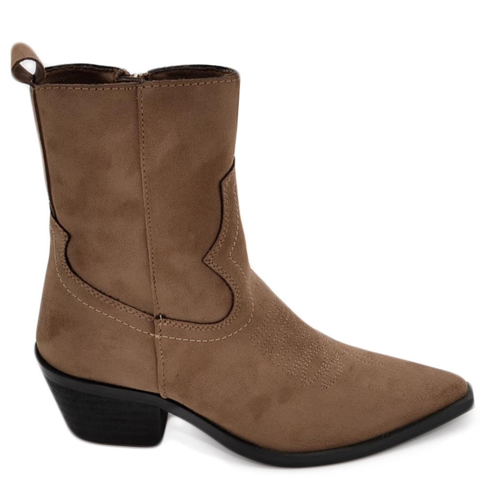 Stivaletto camperos donna basso al polpaccio in ecopelle scamosciata fango con tacchetto comodo 3 cm e zip texano liscio