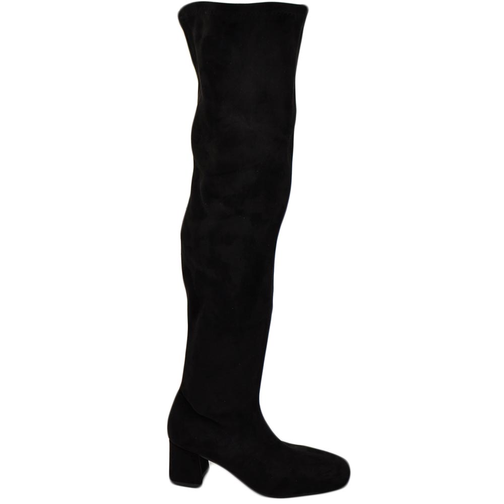 Stivale donna a punta quadrata alto in camoscio nero sopra al ginocchio con tacco quadrato basso 5 cm morbido con zip