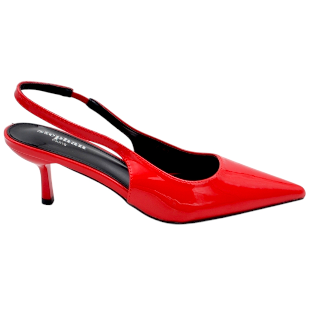 Decolette' donna in pelle lucida rossa punta tacco kitten 3 cm cinturino fisso tallone linea basic .