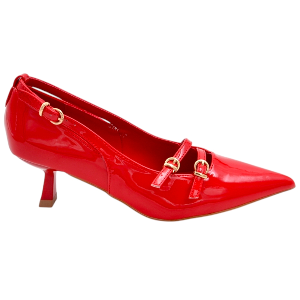 Decollete' donna in vernice lucida rossa con tacco kitten 3 cm e cinturini incrociati sul dorso piede ganci oro