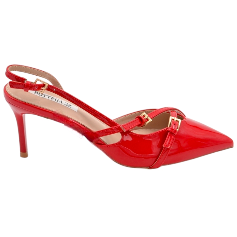 Decolette' donna in pelle lucid rossa punta tacco sottile basso 6 cm cinturino regolabile tallone con fibbie e cinturini.