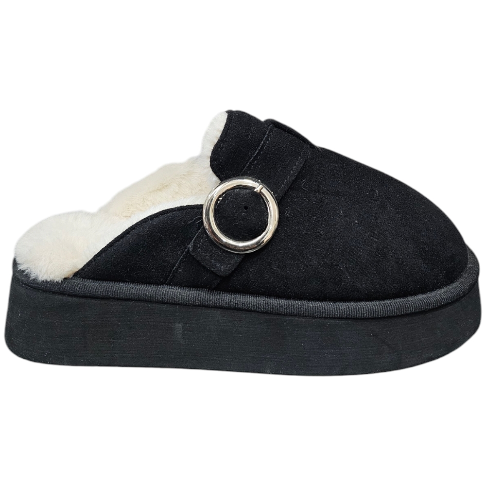 Ciabatta pantofola donna nero con interno di pelliccia e fibbia comodo fondo alto 3 cm