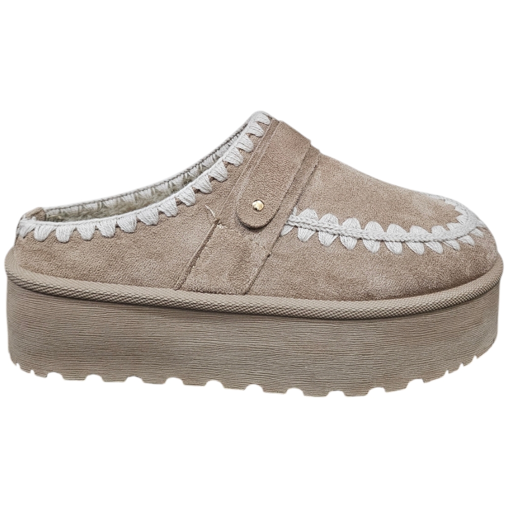 Mocassino pantofola donna platform taupe interno pelliccia bianco slingback comoda fondo alto 4,5cm	