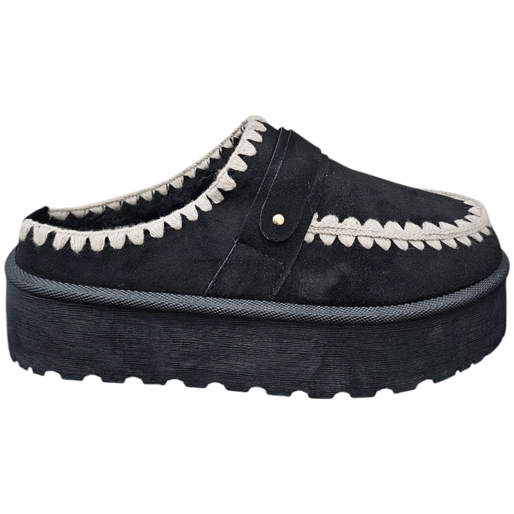 Mocassino pantofola donna platform nero interno pelliccia bianco slingback comoda fondo alto 4,5cm	