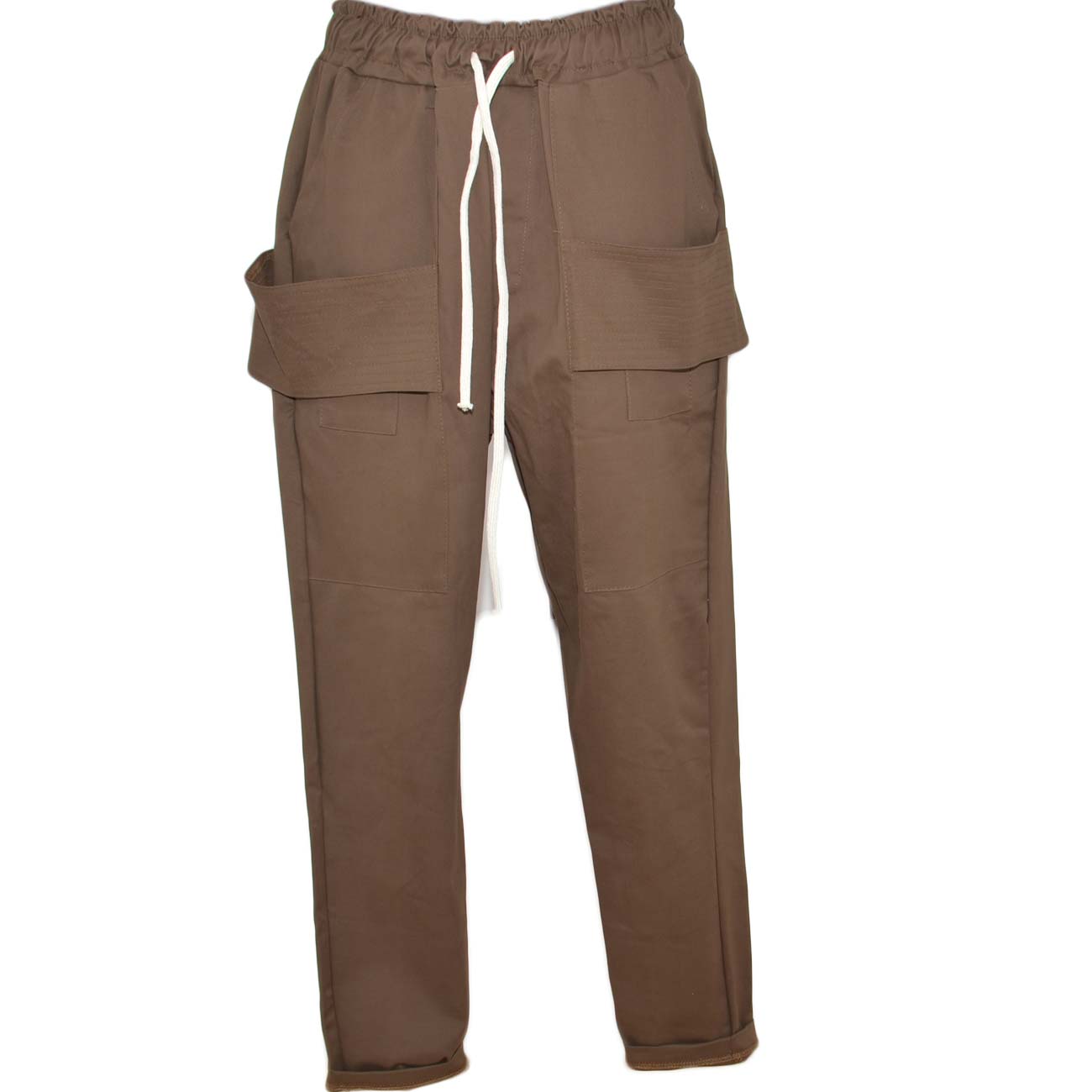 Pantaloni cargo uomo marroni con tasconi laterali e molla in vita con laccio comodo casual moda uomo