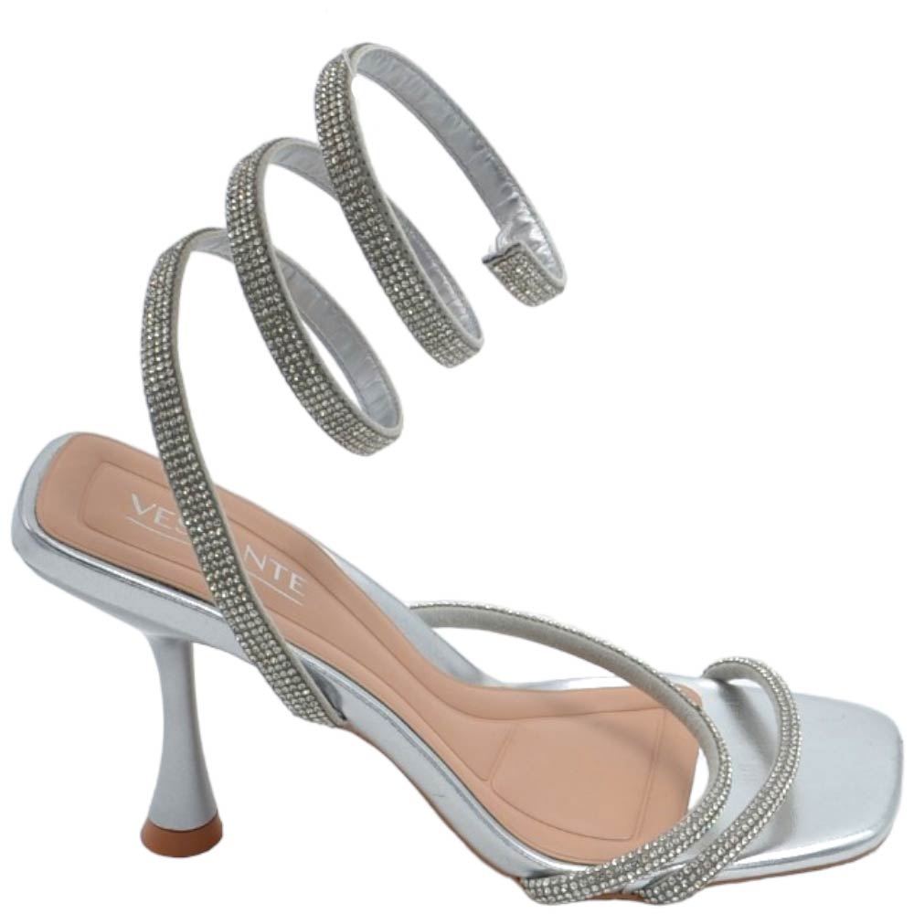 Sandali donna gioiello argento con tacco 10 cm serpente rigido che si attorciglia alla gamba regolabile brillantini.