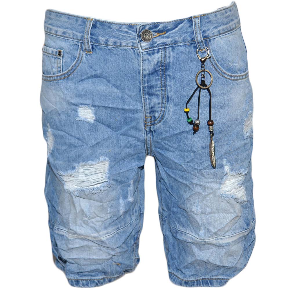 Pantoloni corti short uomo bermuda in denim jeans blu chiaro con microstrappi frontali effetto stropicciato moda