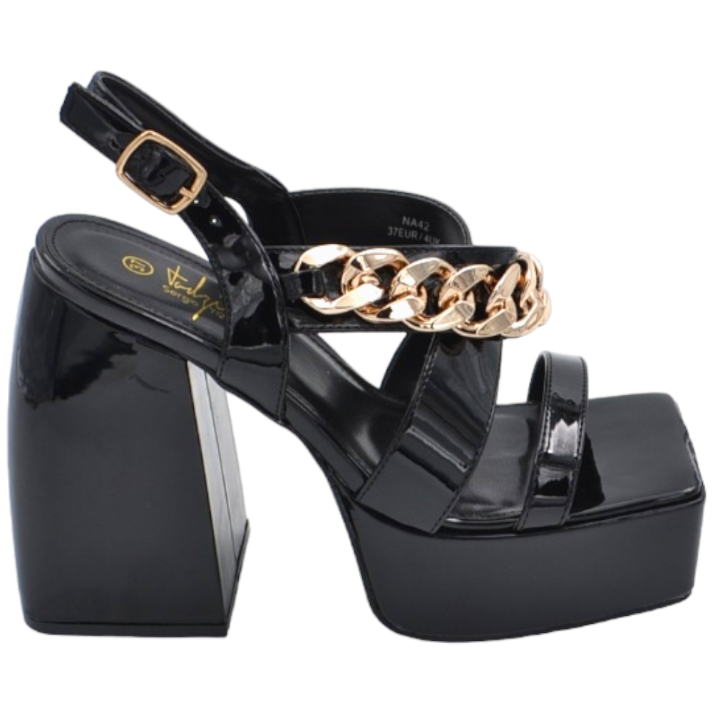 Zeppa donna sandalo platform vernice nero catena oro oplateau alto 3 cm e tacco grosso 12 cm cinturino caviglia.
