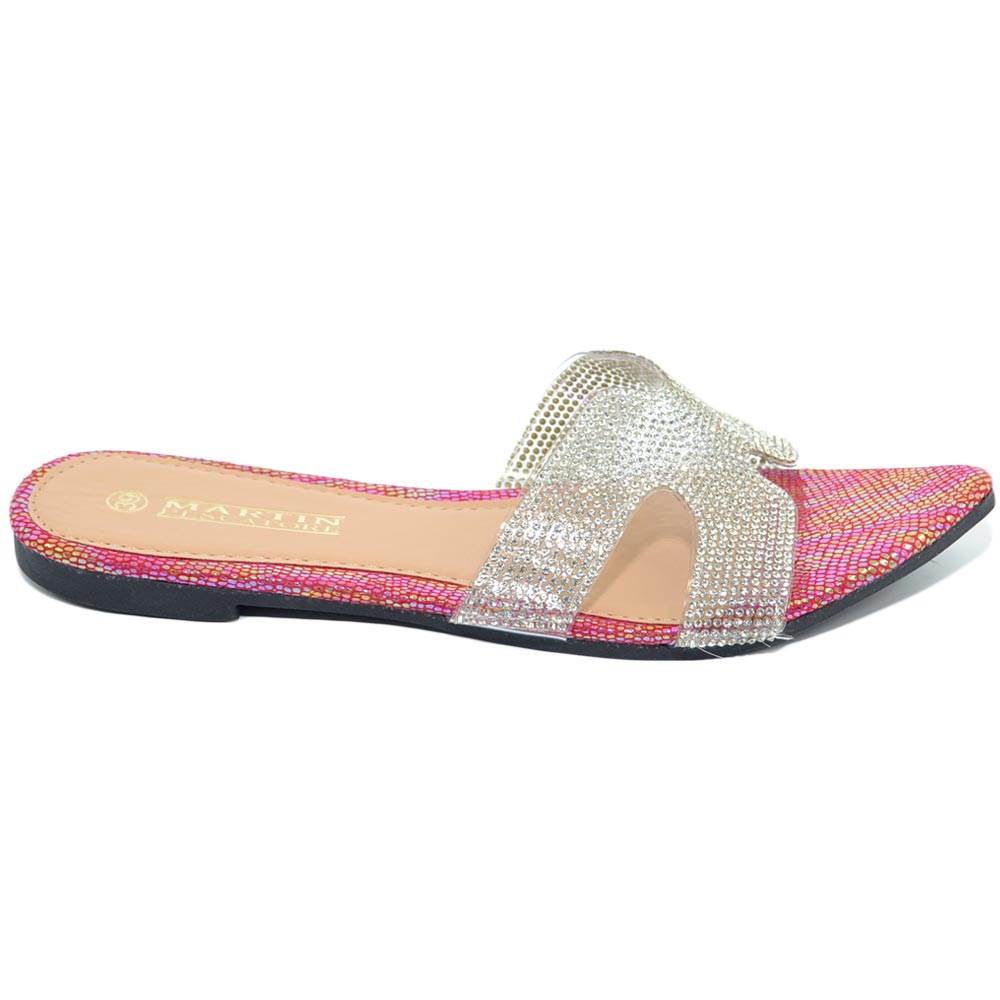 Pantofoline donna rosa sirena a punta tallone scoperto fibbia h trasparente con strass linea comfy chic 