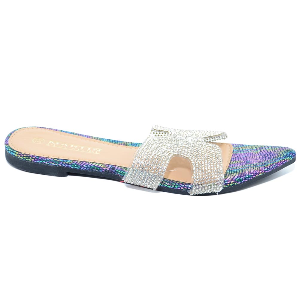 Pantofoline donna verde sirena a punta tallone scoperto fibbia h trasparente con strass linea comfy chic