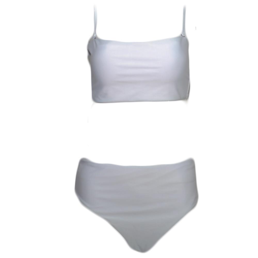Costume da bagno donna bikini swimwear con culotte brasiliana a vita alta e top bralette regolabile bianco satin moda.