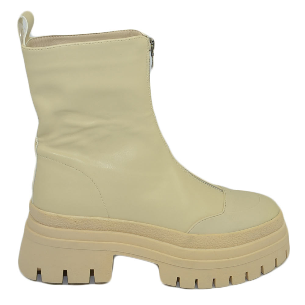Stivale anfibio donna platform zip frontale boots combat gommato beige impermeabile fondo alto carrarmato moda tendenza.