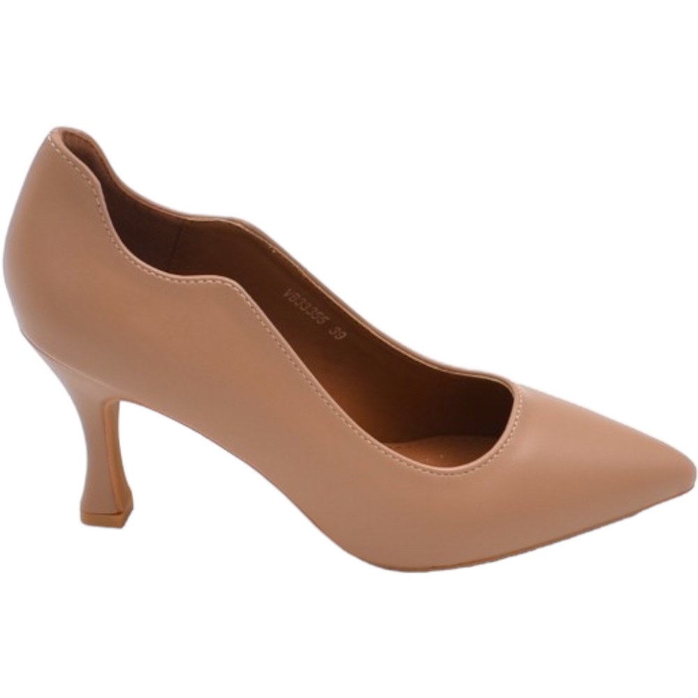Decollete' scarpa donna a punta in pelle beige opaca con tacco cono 7 cm e bordo asimmetrico comoda stabile