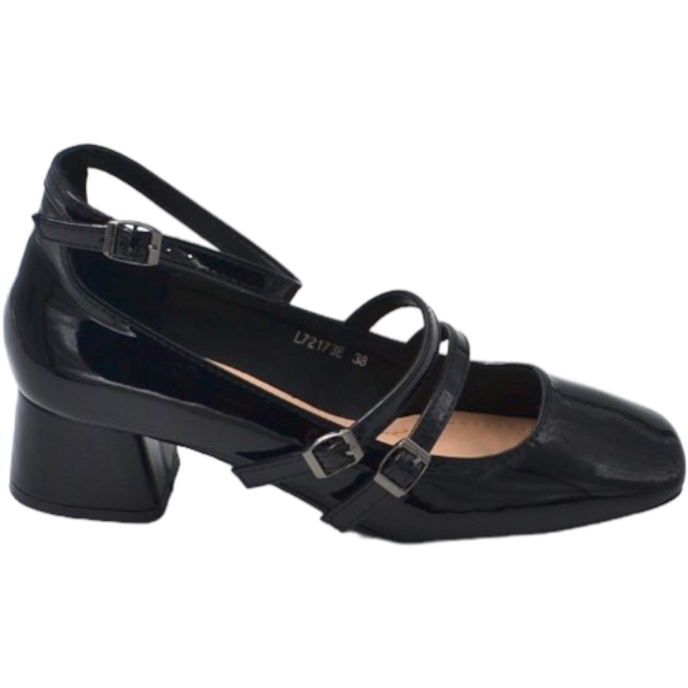 Scarpa ballerina donna punta quadrata con tacco basso 5 cm cinturini regolabili alla caviglia vernice nero .