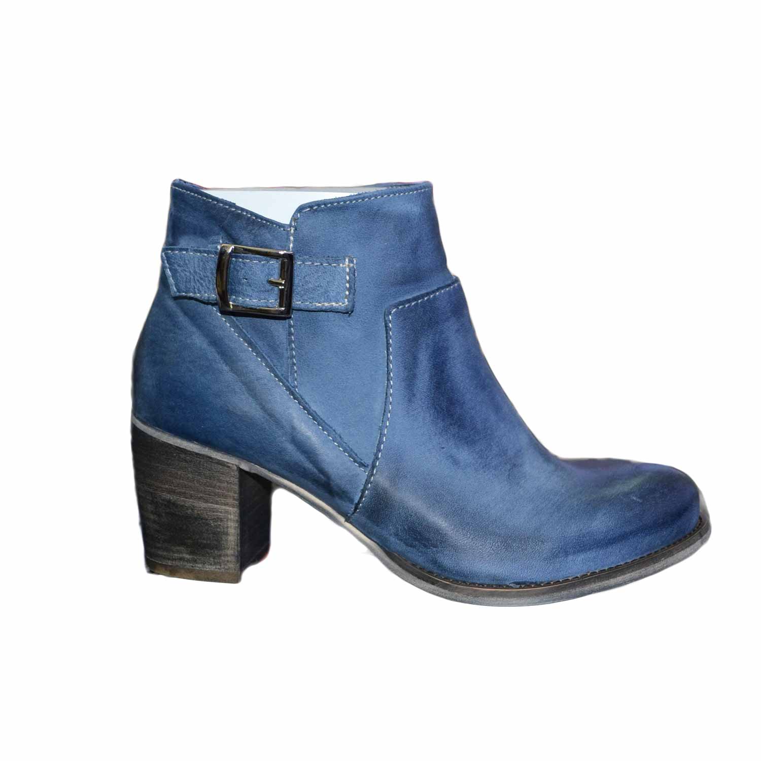 scarpe donna tronchetto blu  made in italy con fibbia e zip latareale vera pelle genuine leather tacco 70 comfort