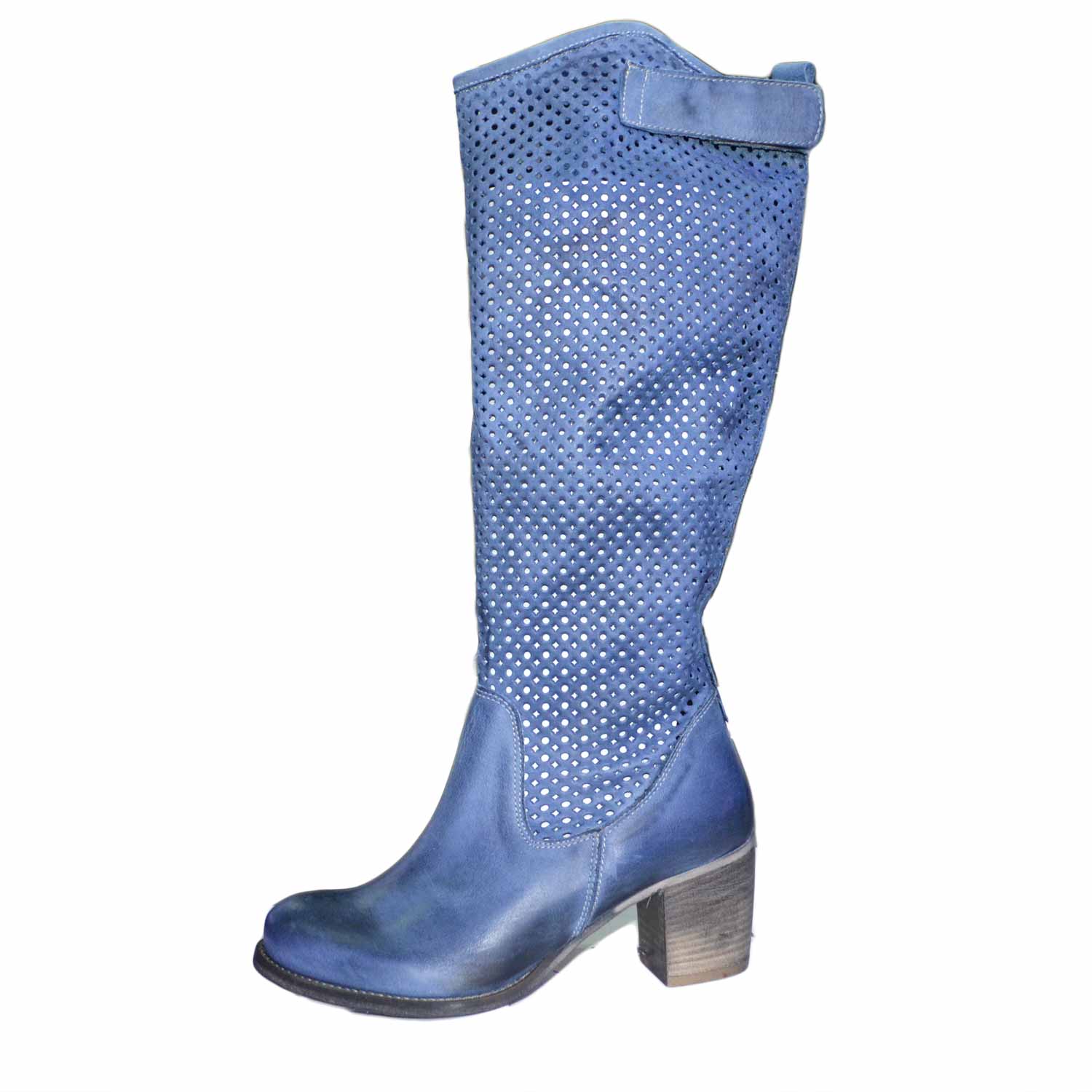 Scarpe donna stivale alto con foratura larga blu zip laterale vera pelle forata made in italy fondo comodo