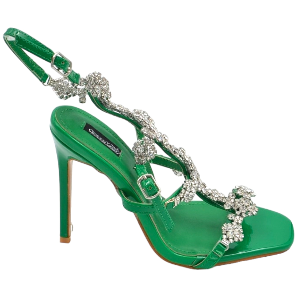 Sandalo gioiello donna con tacco 12 verde inserti di strass luccicanti cinturino alla caviglia effetto piede nudo moda