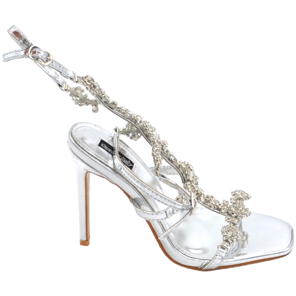 Sandalo gioiello donna con tacco 12 argento inserti di strass luccicanti cinturino alla caviglia effetto piede nudo moda