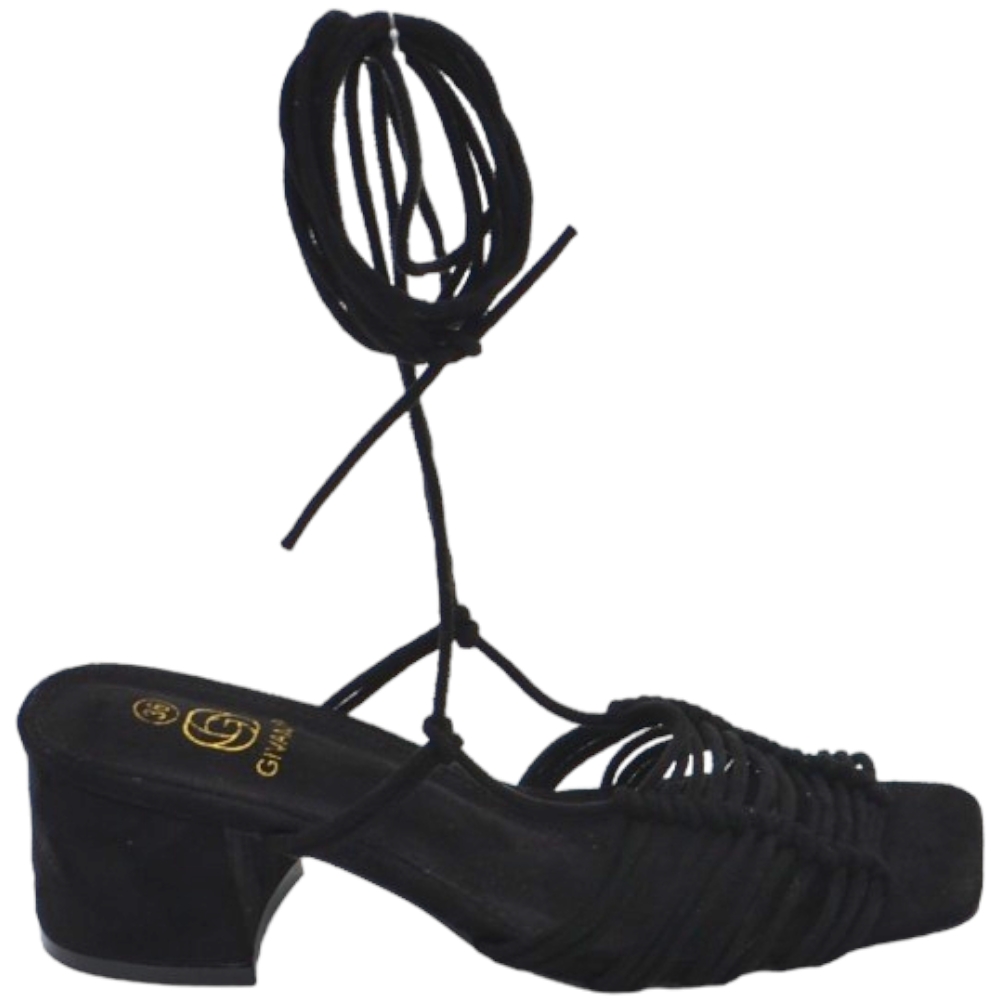 Sandalo donna nero intrecciato in camoscio tacco basso largo comodo 4 cm lacci alla schiava moda linea basic cerimonia .