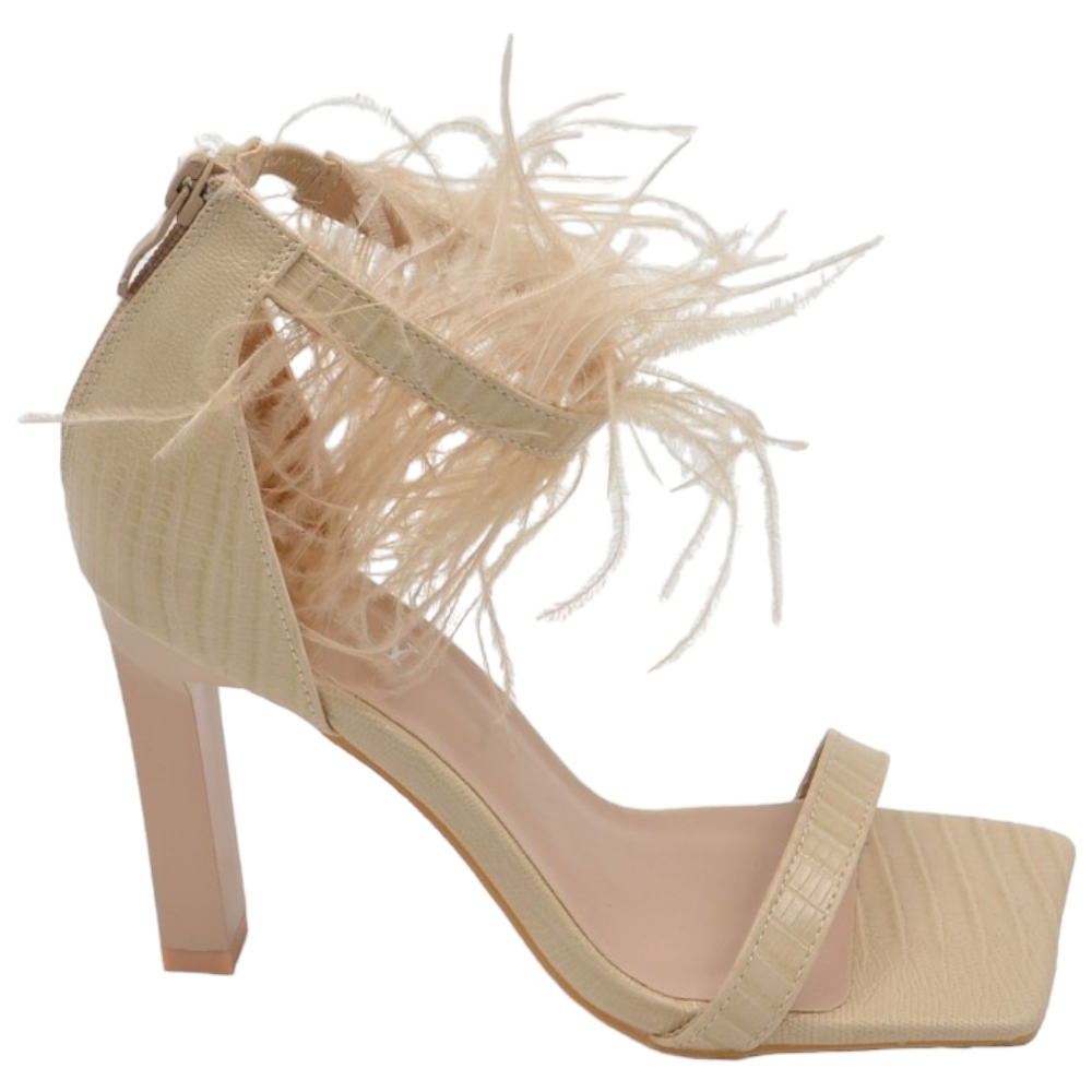 SANDALI TACCO DONNA IN PELLE STAMPA COCCO BEIGE NUDE CON FASCETTE PIUME TACCO DOPPIO 12CM CHIUSURA ZIP