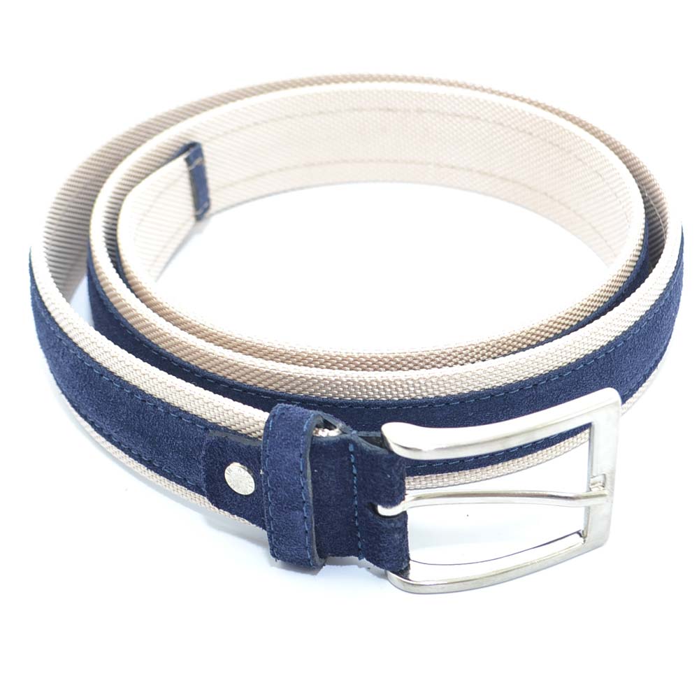 Cintura uomo bicolore blu e beige in pelle scamosciata e tela regolabile fibbia in acciaio made in italy business man