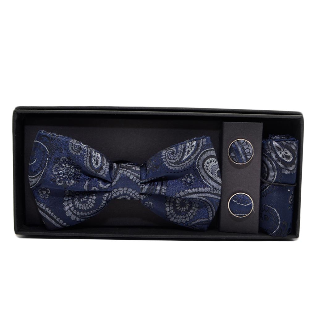 SET COORDINATO UOMO PAPILLON CON GEMELLI E POCHETTE BLU FANTASIA ELEGANTE CERIMONIA