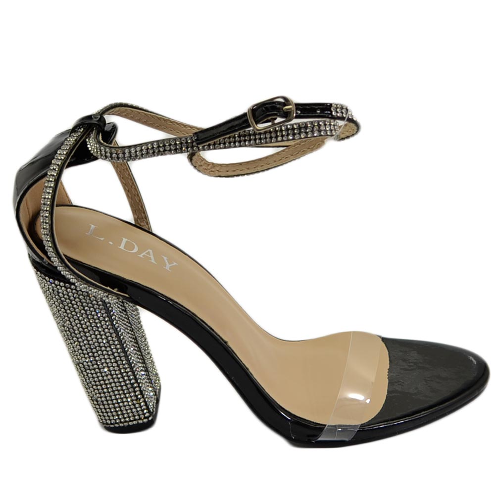 Sandalo donna gioiello nero tacco largo con strass fascia trasparente 10 cm cerimonia allacciatura alla caviglia moda