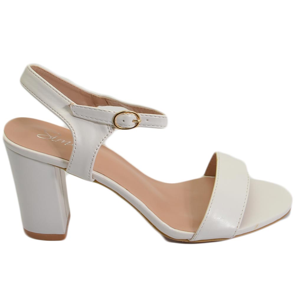 Scarpe sandalo bianco donna con tacco 6 cm basso comodo basic con fascia morbida e cinturino alla caviglia open toe