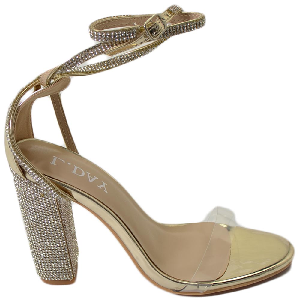Sandalo donna gioiello oro tacco largo con strass fascia trasparente 10 cm cerimonia allacciatura alla caviglia moda.
