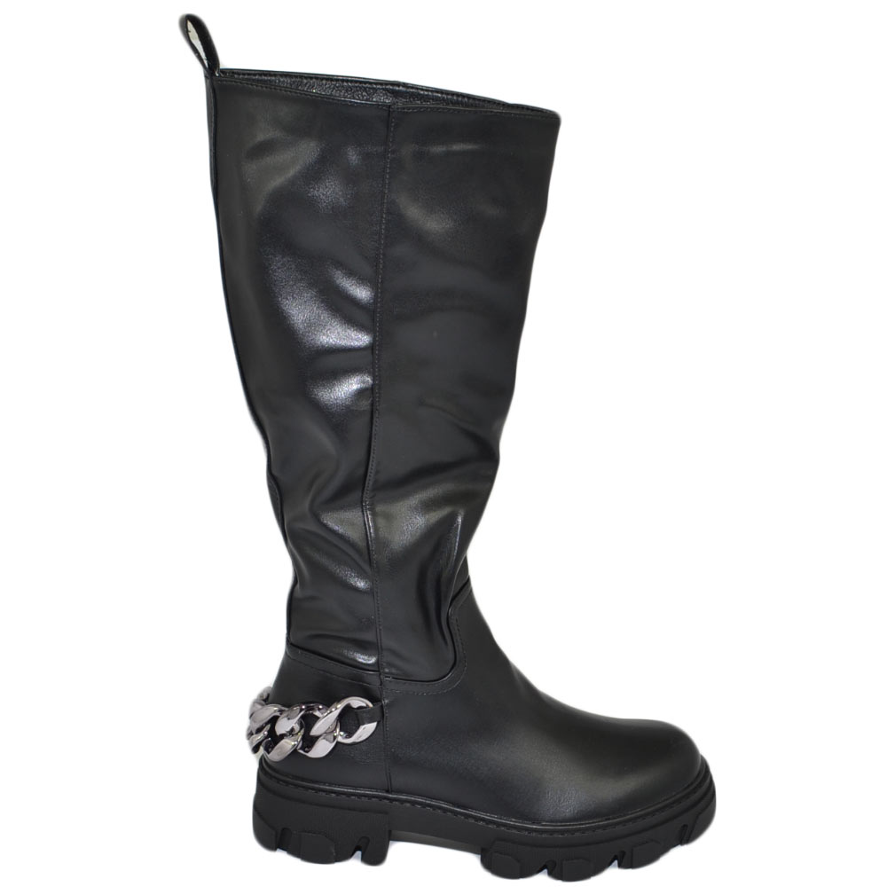 Stivali donna combat boots gomma alta con catena retro nero zip altezza ginocchio moda comodo