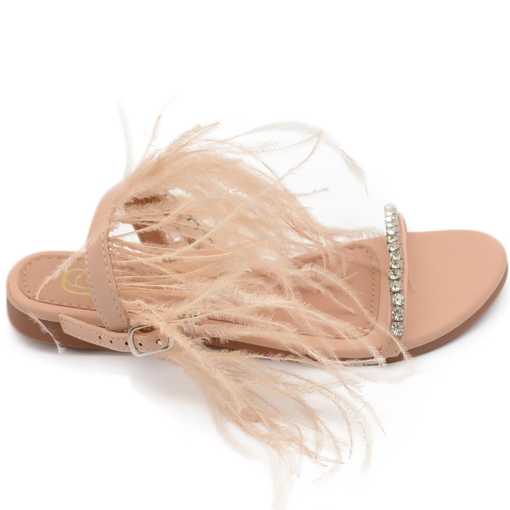 Pantofoline allacciata alla caviglia donna piume peluche con applicazioni beige nude fascetta strass  moda glamour.