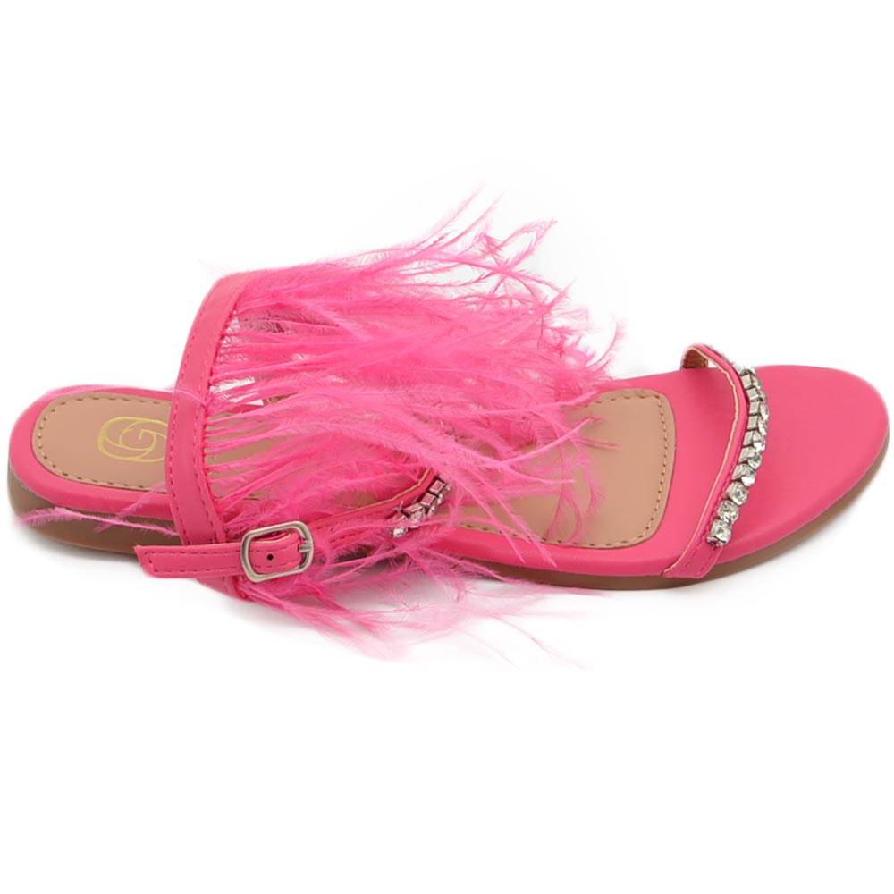 Pantofoline allacciata alla caviglia donna piume peluche con applicazioni fucsia rosa fascetta strass moda glamour.