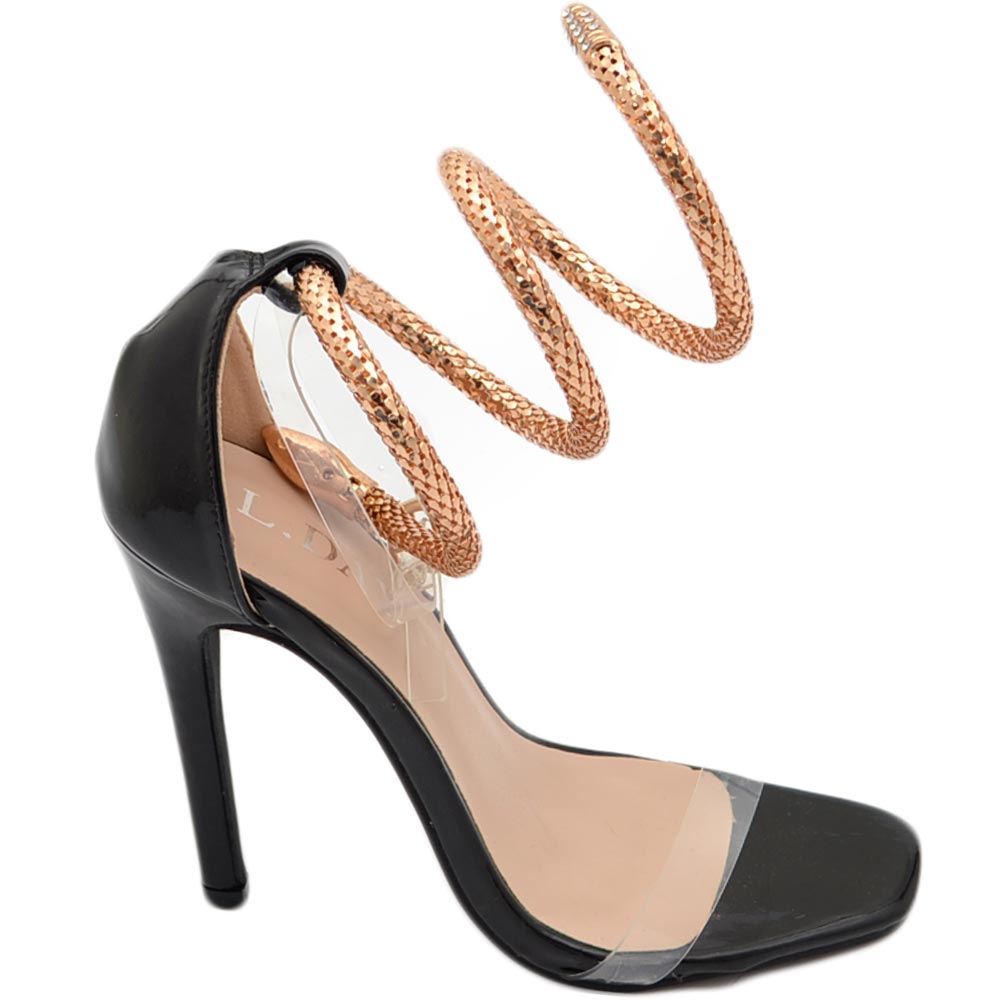 Sandali tacco donna con fasce trasparenti tacco 12 a spillo e accessorio  serpente alla schiava in metallo nero donna sandali tacco Malu Shoes