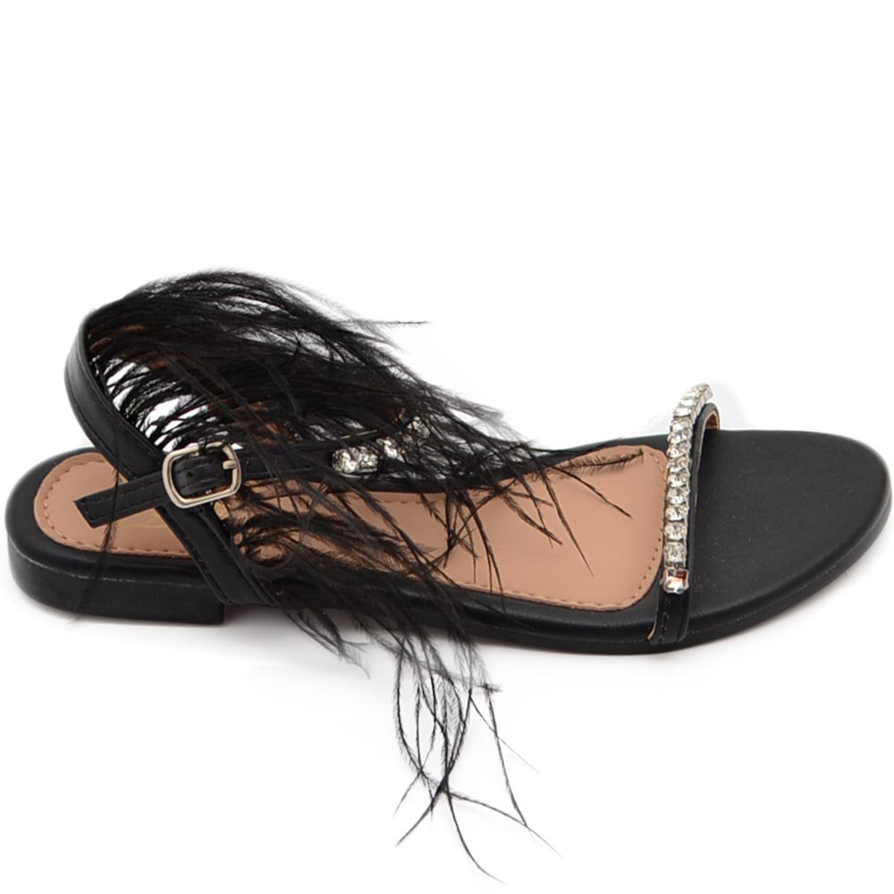 Pantofoline allacciata alla caviglia donna piume peluche con applicazioni nero fascetta strass moda glamour.