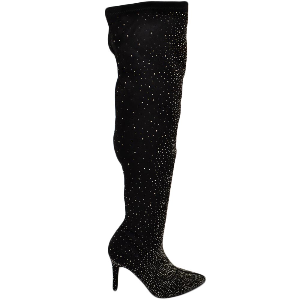 Stivale donna a punta alto sopra al ginocchio camoscio nero ricoperto di strass tacco a spillo 12 cm aderente con zip