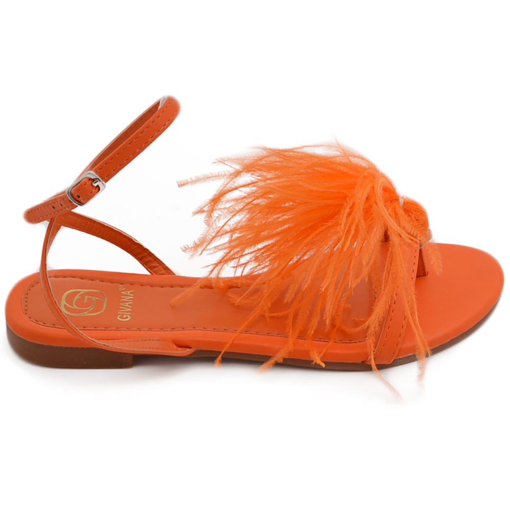 Pantofoline donna sandalo basso arancione raso terra piume peluche con cinturino alla caviglia moda glamour.