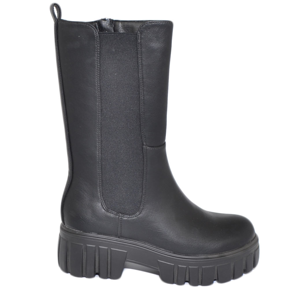 Stivale donna Platform chelsea boots combat nero fondo alto sotto ginocchio zip elastico laterale moda tendenza comodo