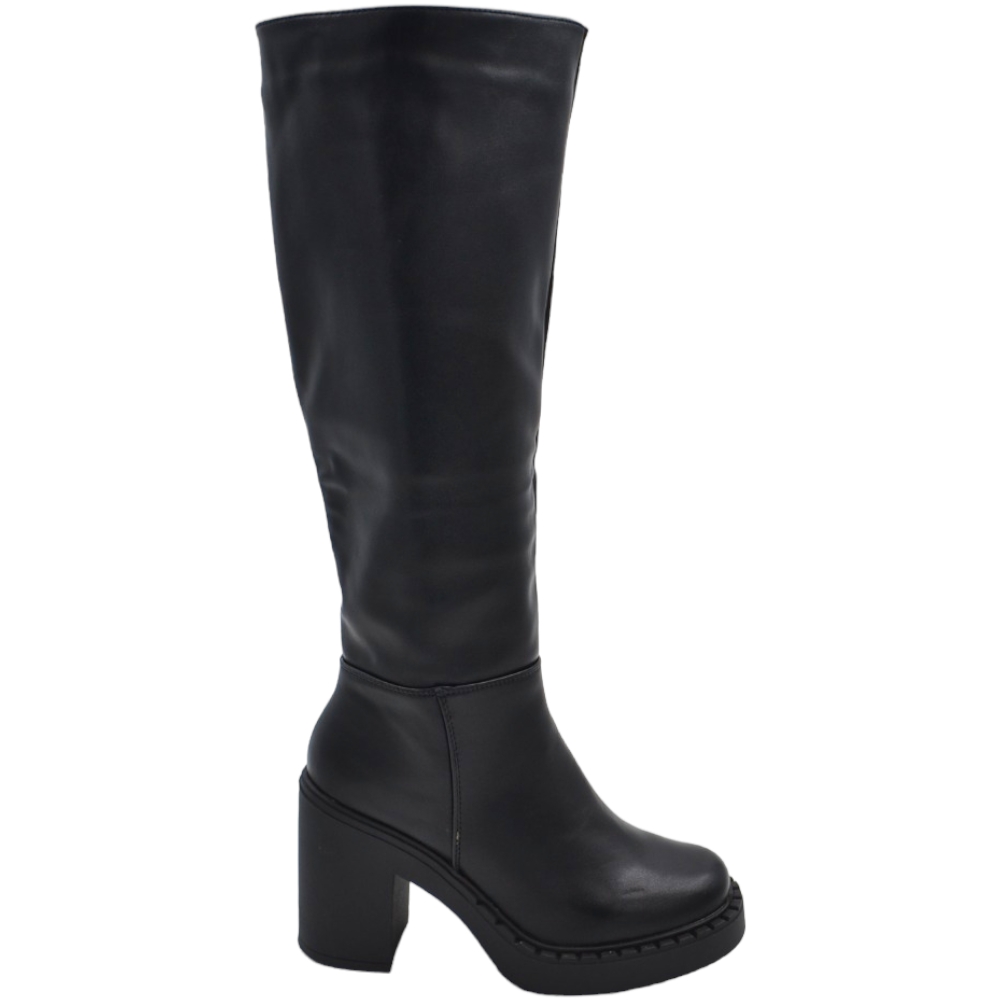 Stivali donna pelle nero al ginocchio con fondo gomma comodo zeppa tacco grosso 7 cm elastico combat