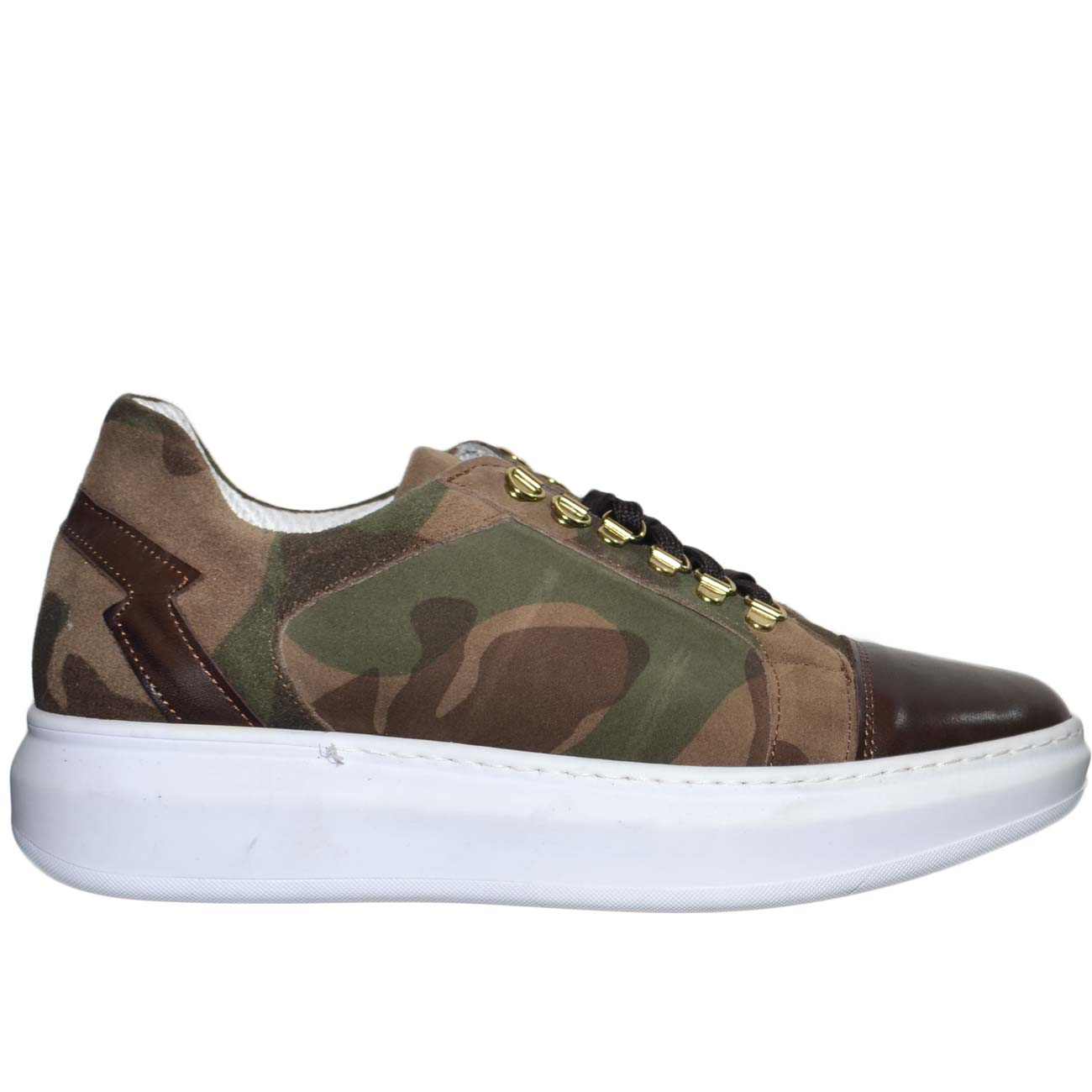 SNEAKERS BASSA UOMO IN NABUK CAMOUFLAGE VERA PELLE GANCI ORO MADE IN ITALY MODA GIOVANILE